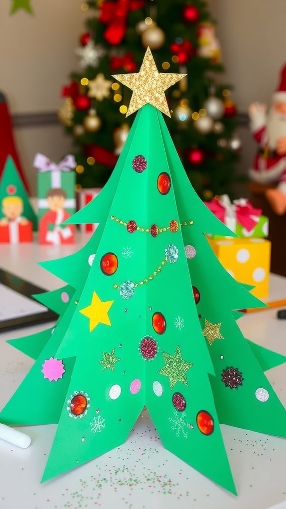 Christmas Tree Art Project A handmade Christmas tree art project with decorations, displayed on a table.
